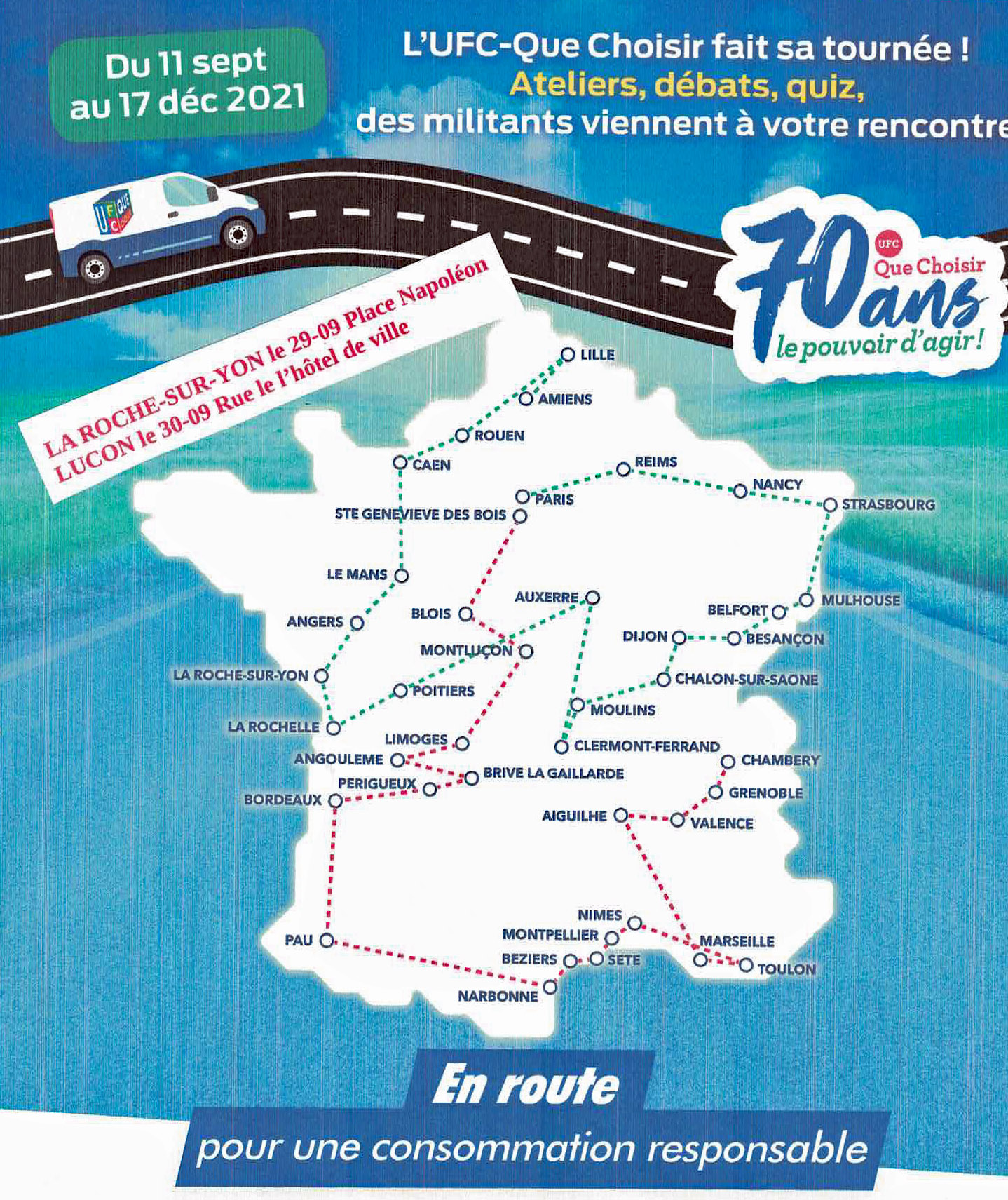 L’ association de consommateurs UFC-Que Choisir fête ses 70 ans. À cette occasion un van sera présent La Roche-sur-Yon le mercredi 29 septembre 2021