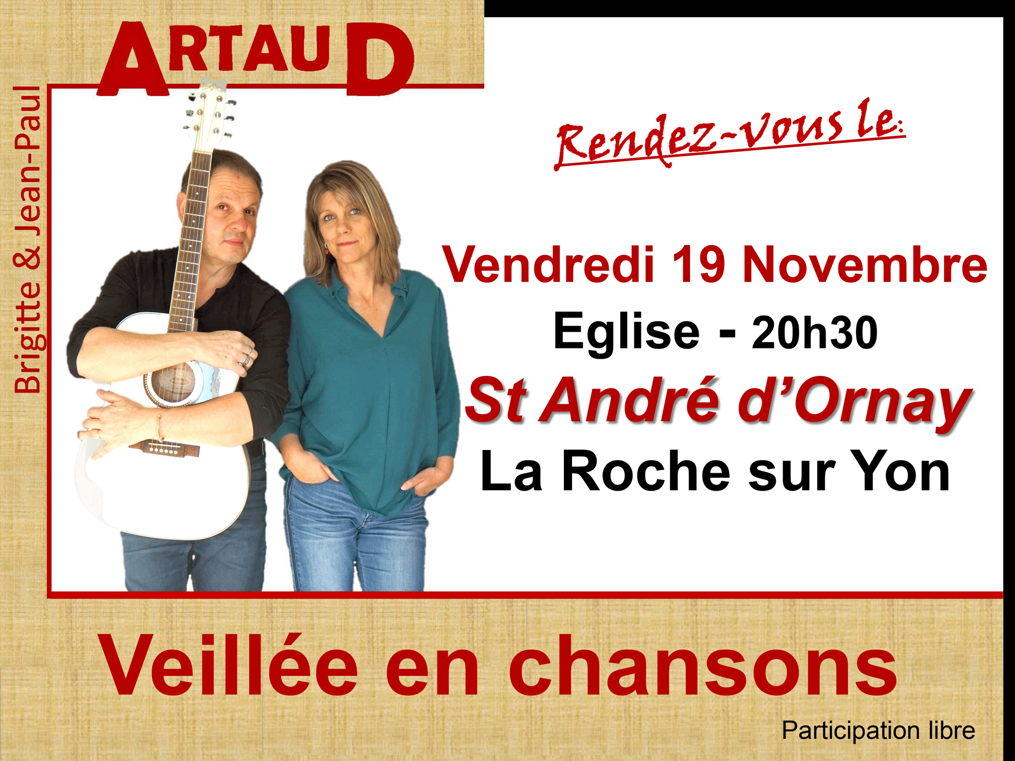 Veillée chansons de Jean-Paul et Brigitte Artaud à l'église de Saint André d'Ornay.