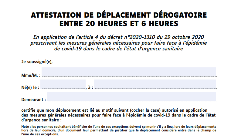 attestation de déplacement dérogatoire couvre feu entre 20 heures et six heures